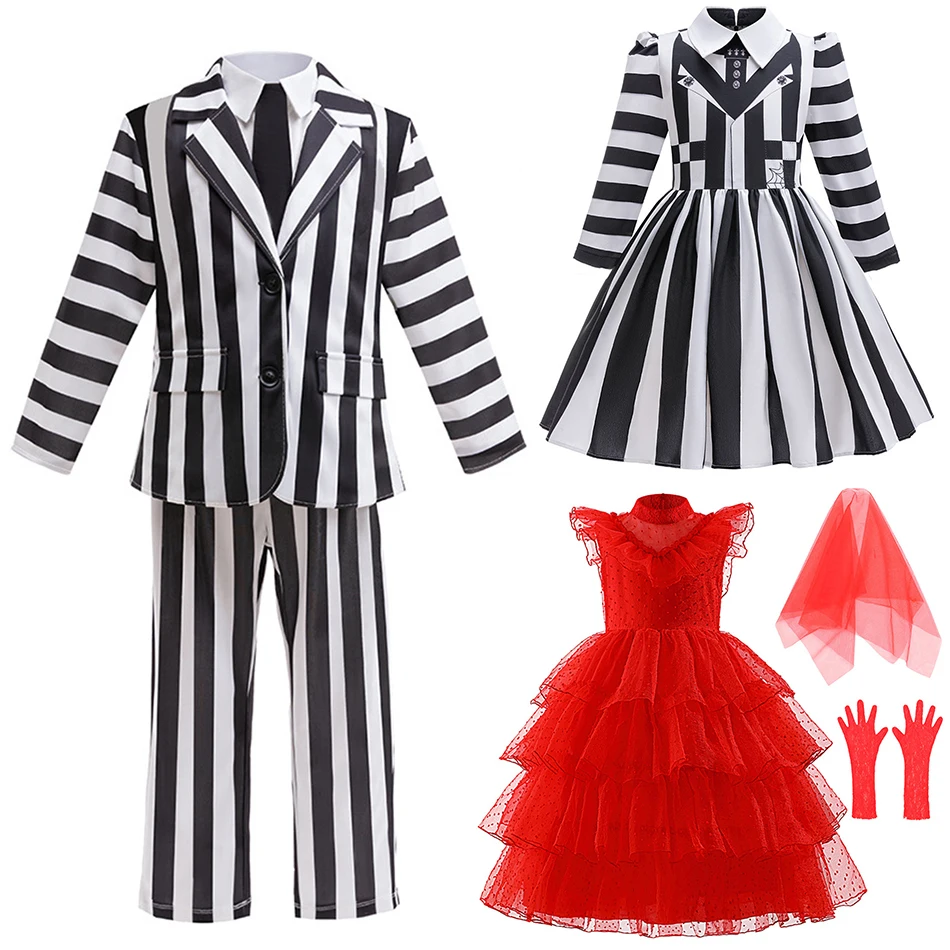 

Boys Girls Halloween Costumes Kid Underworld Masters Cosplay Movie Clothes Children Striped Suits Lydia Fashion Layered Red Gown