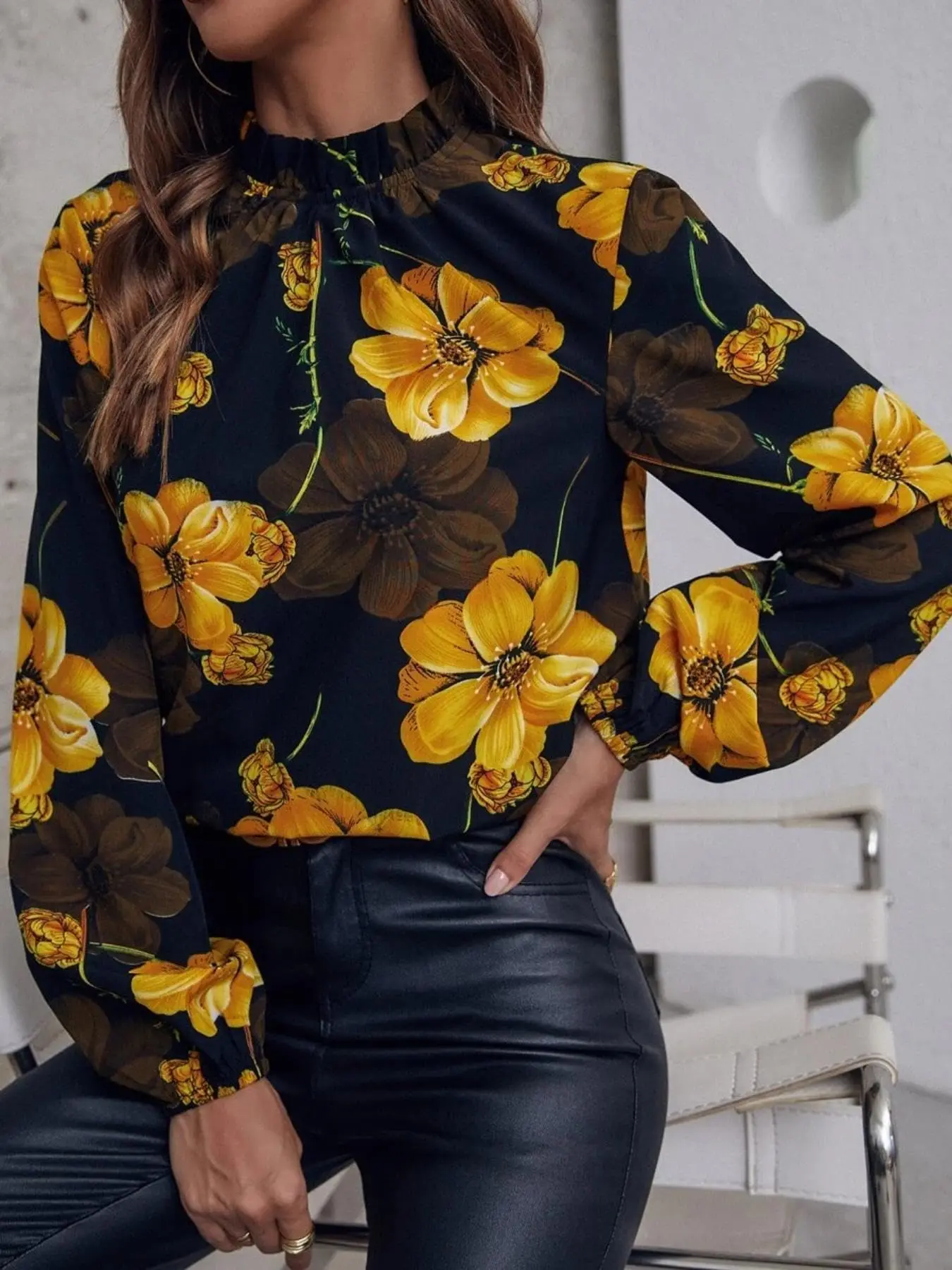Ruffled Mock Neck Blouse Women Elastic Cuff Lantern Sleeve Loose Commuter Shirt Top