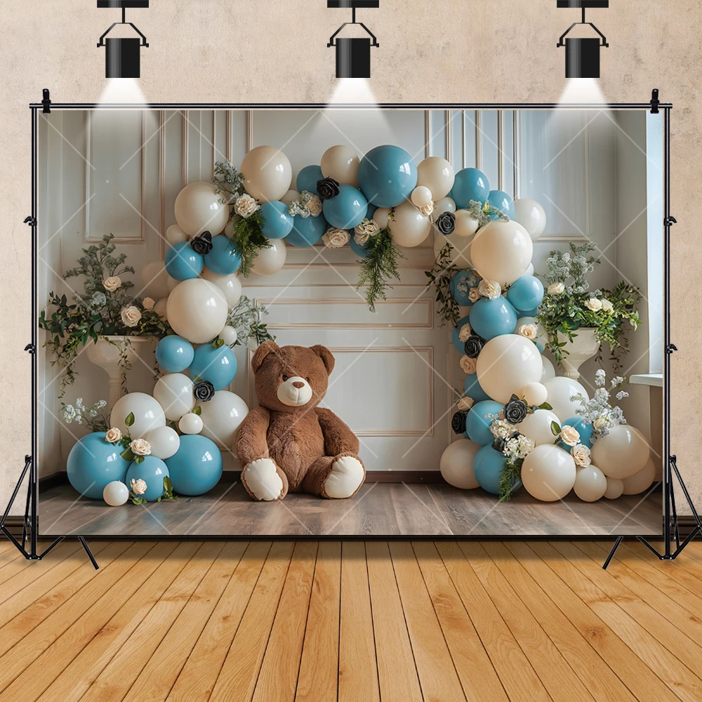 Cute Teddy Bears Photography Background Custom Ball Pink Flowers Birthday Party Decor Banner Kids Portrait Photography Backdrops