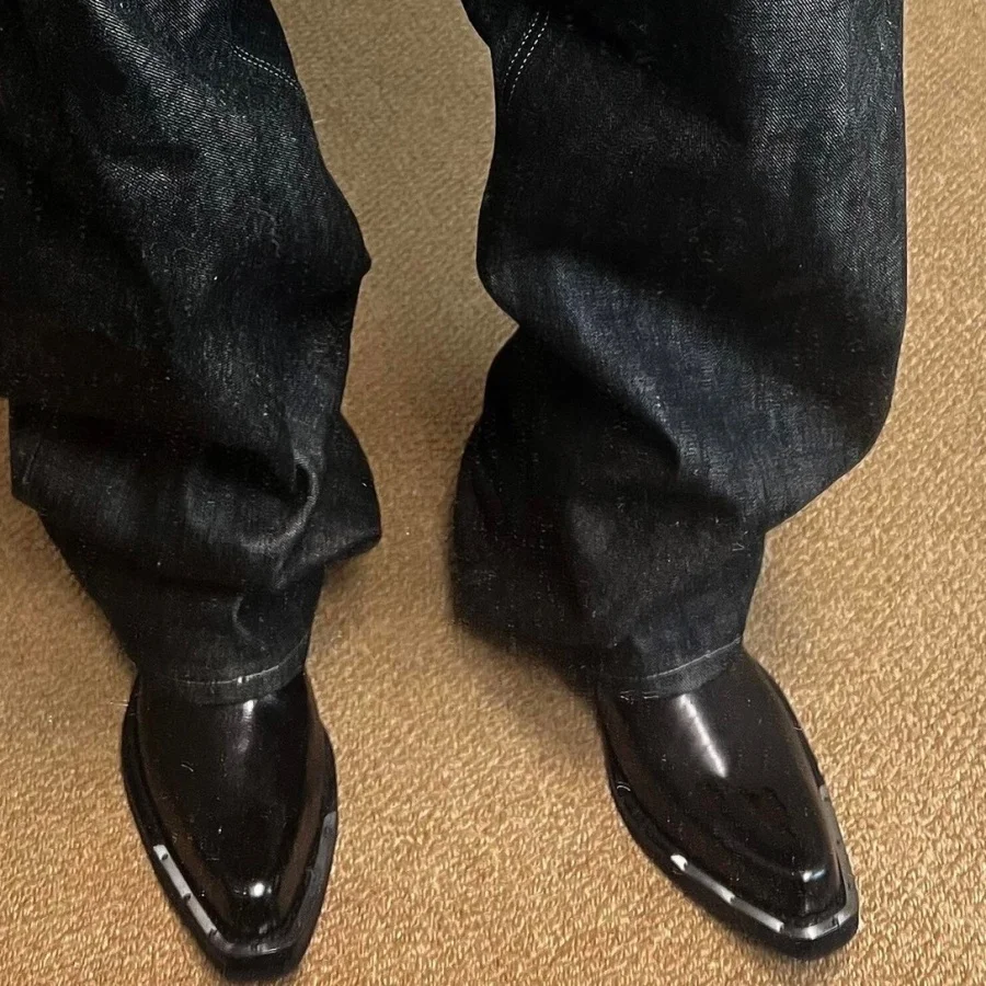 Unisex Dark Vintage Square Pointed Metal Toe Cap Chelsea Boots Men Rivet Back Zipper Ankle Knight Biker Casual Leather Boots