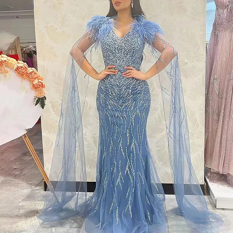 Gaun malam manik-manik mewah untuk wanita Dubai Arab leher-v Tulle panjang selantai putri duyung acara khusus Gala Maxi elegan 2023