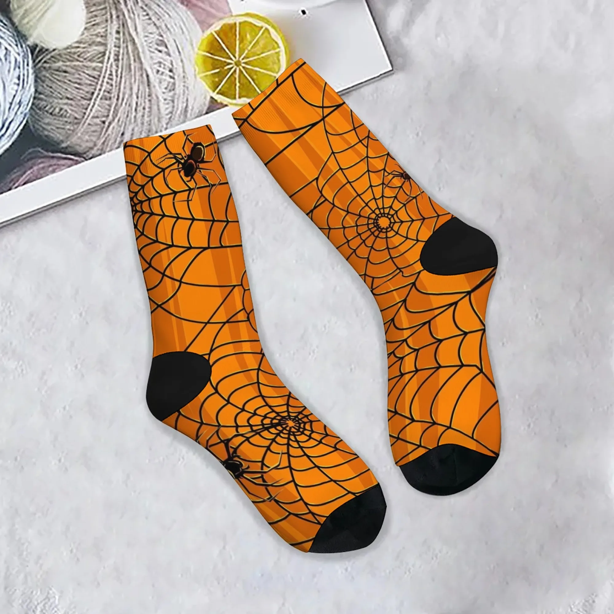 جوارب برتقالية عصرية على شكل شبكة عنكبوت للرجال على طراز الهيب هوب مطبوعة هدية مثالية لعشاق الهالوين ومحبي ملابس الشارع #1