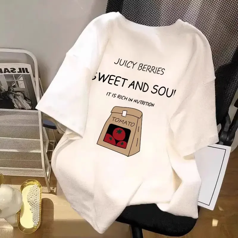 

DAYIFUN-Women Cotton Short Sleeve T-Shirts Letter Printed Design Oversize High Street Loose Tees O-Neck Tops 2025 Summer Tshirt