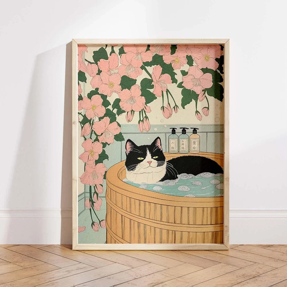 (2D Canvas painting) Tuxedo Cat Corgi Fox in a Bath Japanese Style Bathroom Print Vintage Poster Funny Aesthetic Japandi Wall
