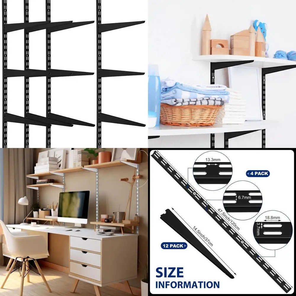 

Сверхмощная регулируемая настенная полка с двумя направляющими, металлическая стойка 47,5 с 12 кронштейнами для хранения на кухне и дома (черный)