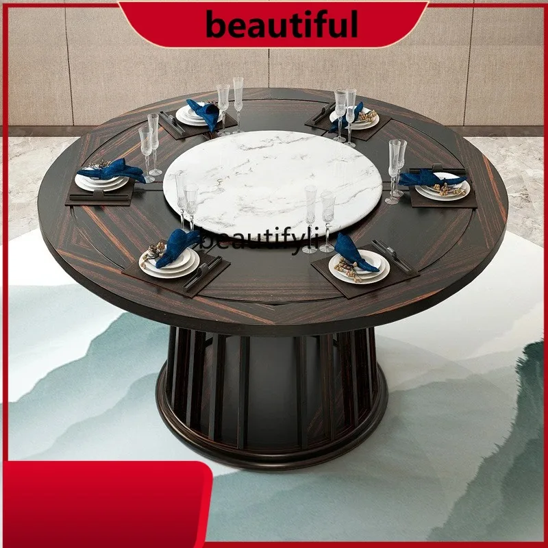 New Chinese-style golden silk sandalwood solid wood dining table and chairs, household round dining table with turntable hotel H