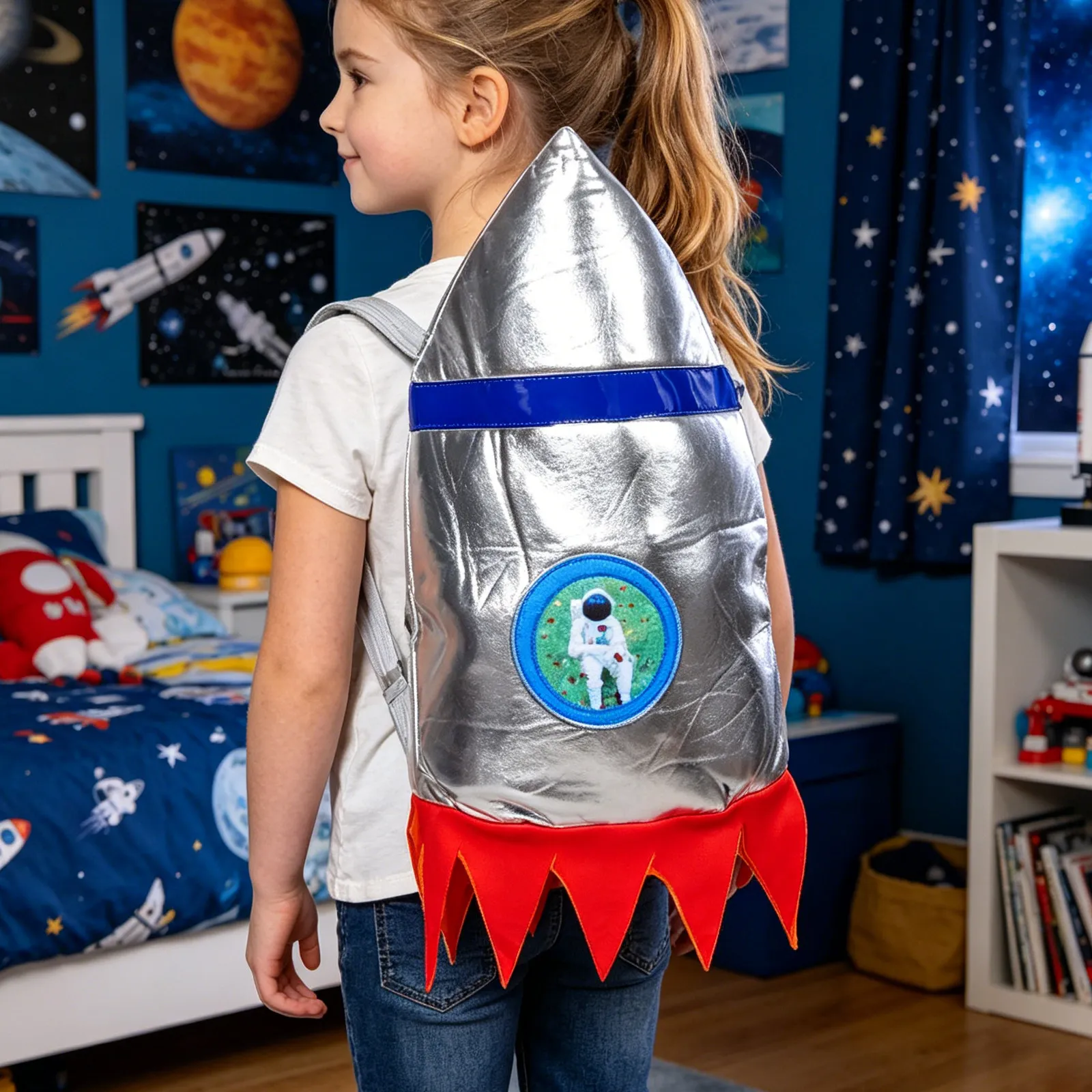 

Silver Metallic Rocket Backpack Kids Space Astronaut Role Play Zippered Flames Design Birthday Party Costume Prop
