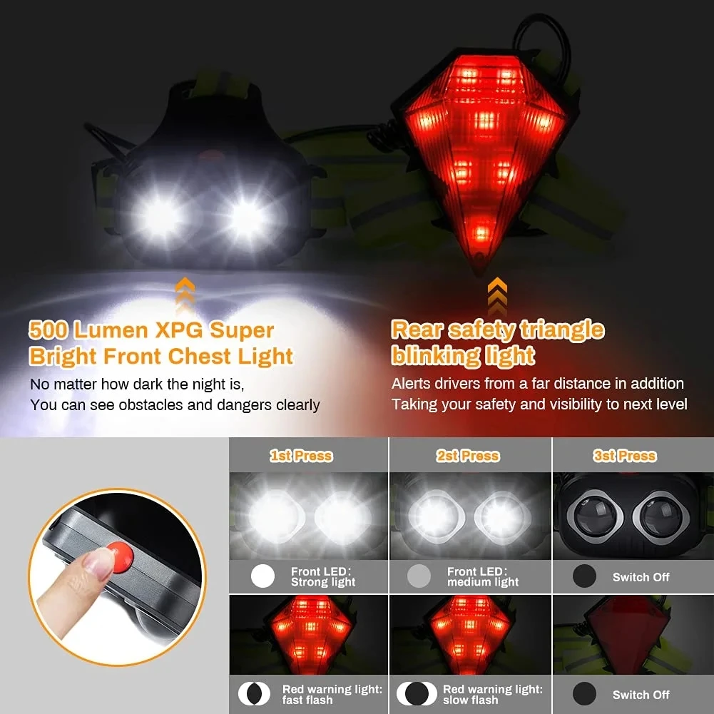 LED Night Running Light Safety Warning Back Lamp USB Rechargeable Chest Flashight for Outdoor Sport Cycling Jogging