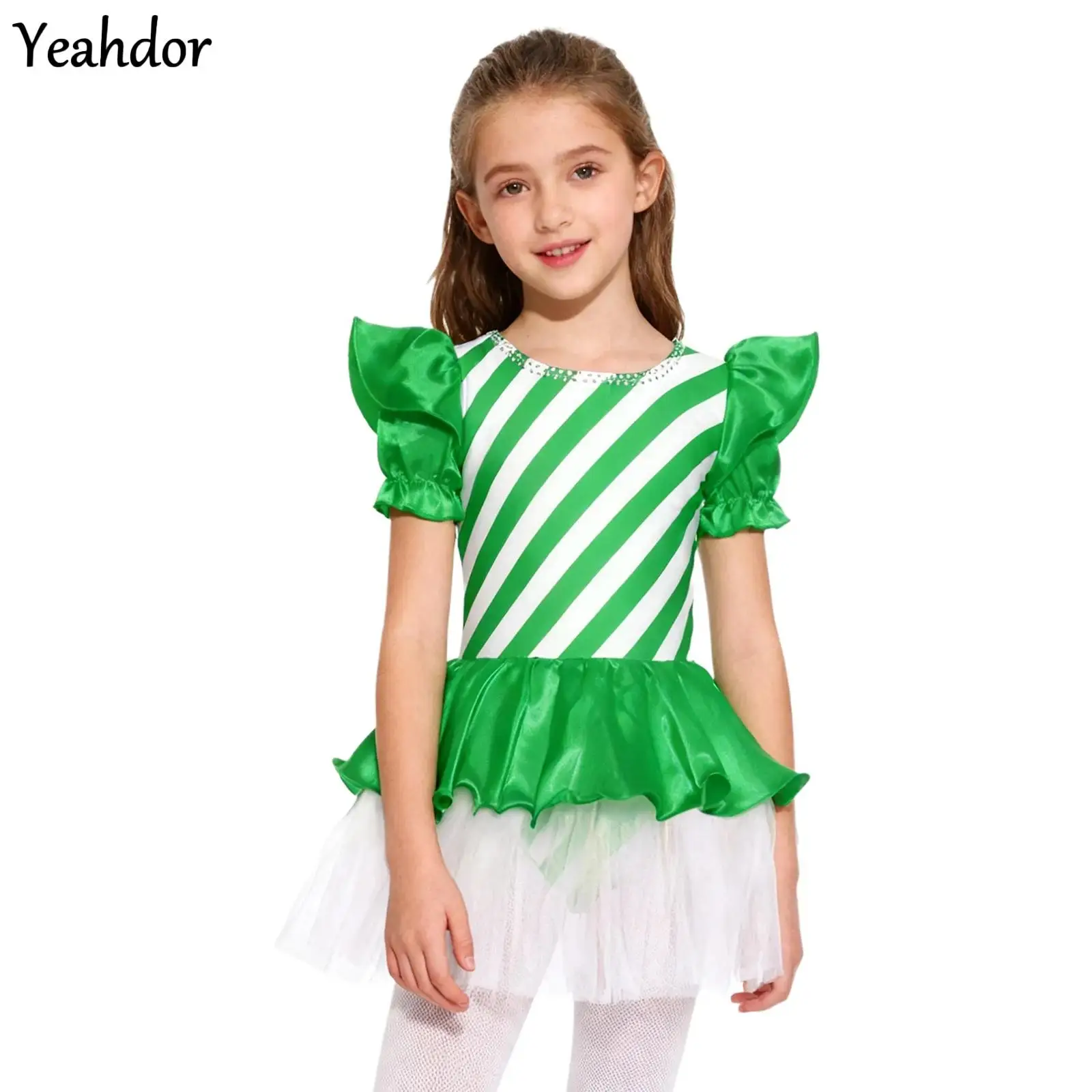 

Girls Christmas Dance Costume Rhinestone Puffy Sleeve Candy Cane Striped Tulle Tutu Dress Xmas Skating Gymnastic Ballet Leotard