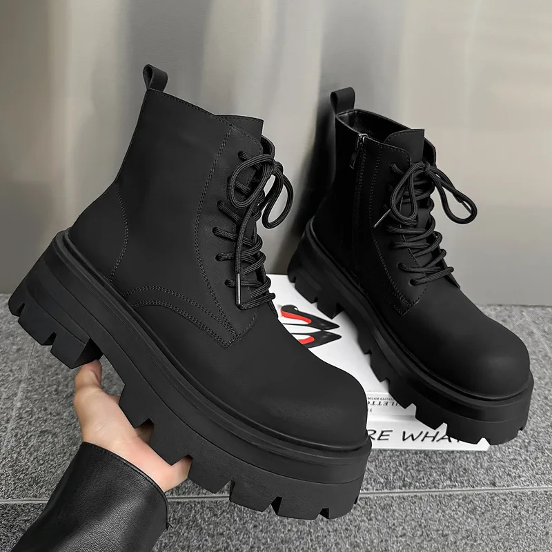 Botas de plataforma de vestido punk rock a la moda para hombre de talla grande, zapatos de cuero originales con cordones, botines de vaquero, botas geniales para Otoño e Invierno