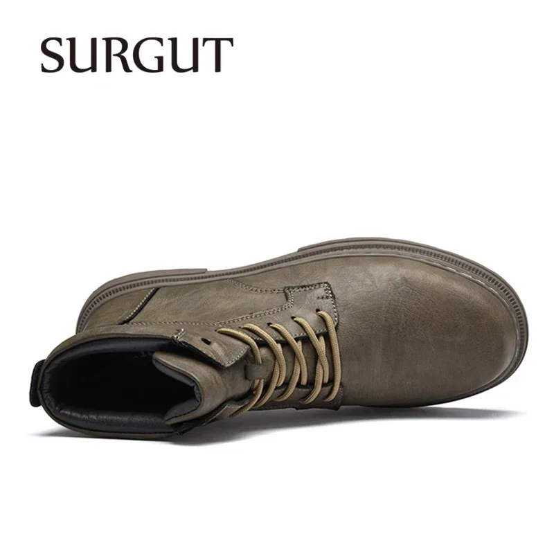 SURGUT Fashion Warm Winter Men Leather Shoes Rubber Waterproof Ankle Boot Outdoor Comfortable Work Fur Snow Boots For Men