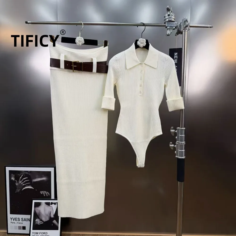 High Street 2pcs Set Women's Spring Ins High-end Collar Short Sleeved Jumpsuit with Waist Belt and High Waisted Skirt Set