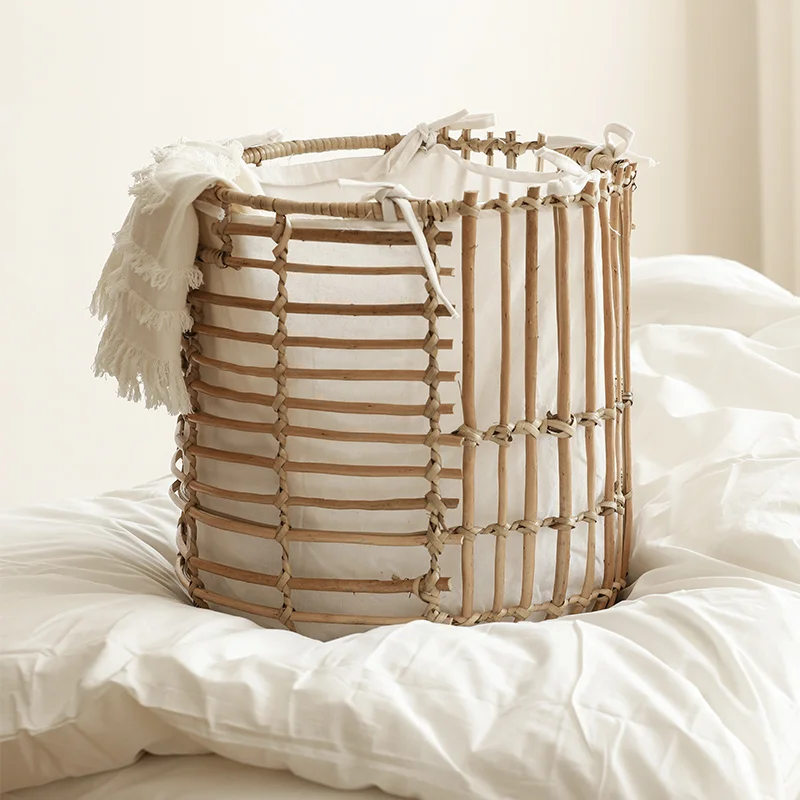 

Japanese-style Hand-woven Hollow Design Laundry Storage Basket Household Wicker Basket with Lining Stylish and Functional