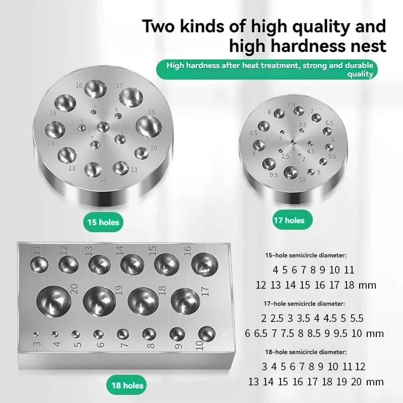 Stamping die base and anvil set—steel jewelry-making tools for crafting gold and silver rings, bracelets, and bells.