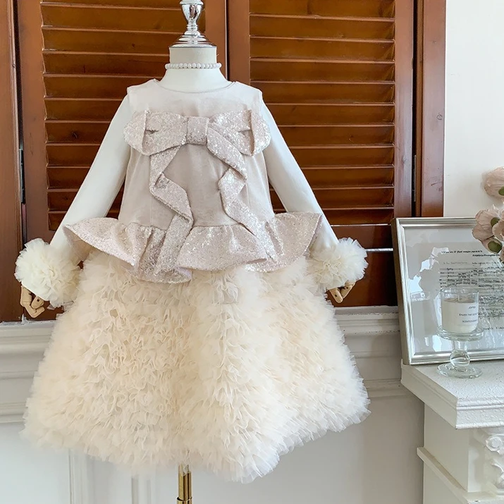 Girls Suit 2026 Autumn and Winter New Childrens Wear Girl Baby Mesh Sleeve Bottom Shirt Sequined Puffy Cake Dress Two-piece Set