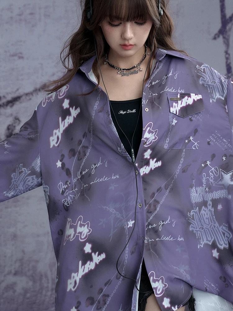 Sweet Cool Print Music Festival Summer Long Sleeve Turn-down Collar Sunscreen Top Handsome Girl Purple Loose Street Style Shirt