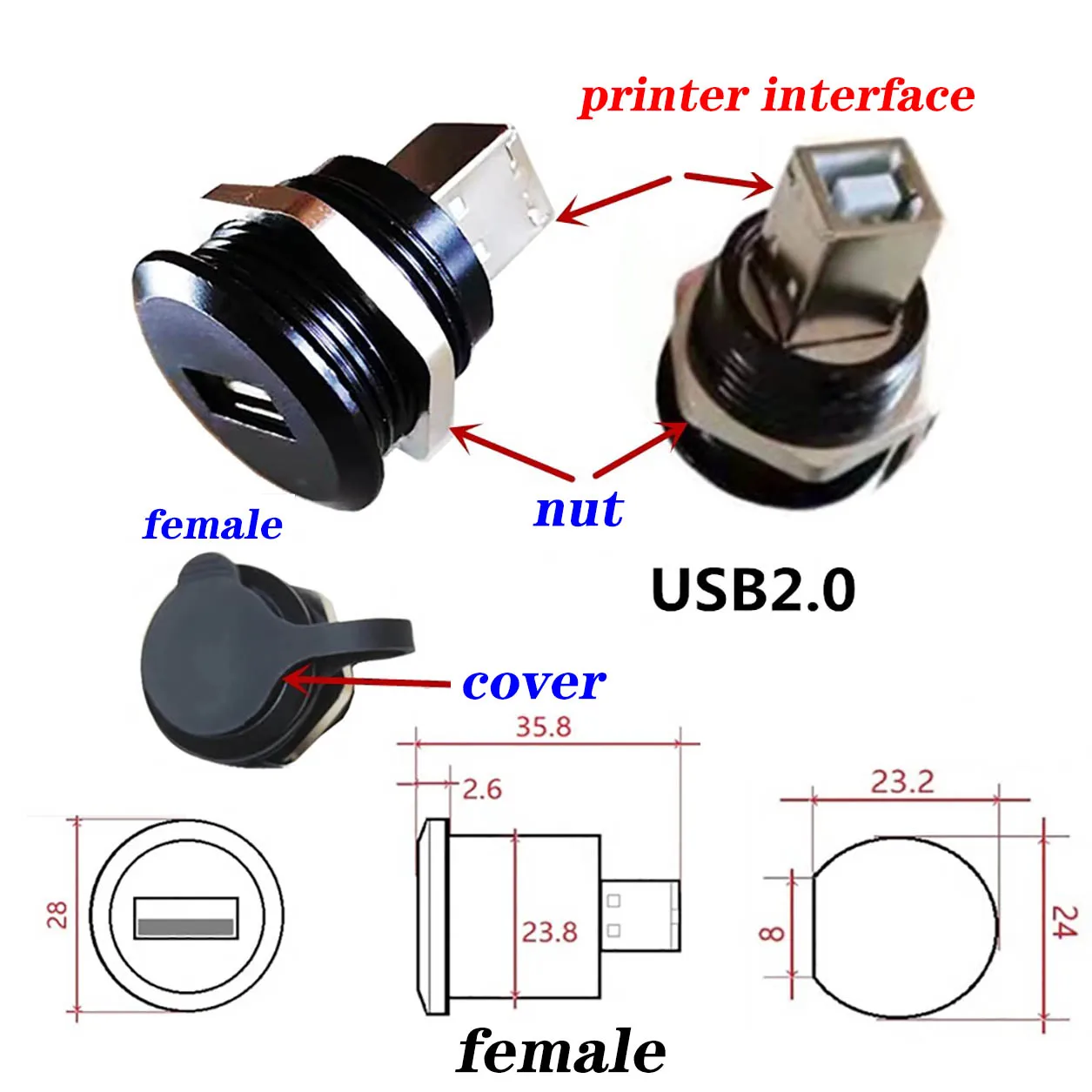 2Pcs Metal Round Socket Module D Type Straight Through Network TYPE-c3.1 USB2.0 USB3.0 Connector Panel Mounting