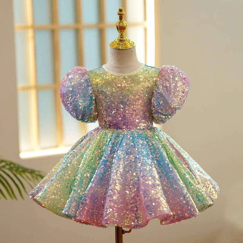 

New Rainbow Sequins Kids Girls Party Dress Princess Children Birthday Gown for Pageant Formal Dresses Costume Piano Recital Host