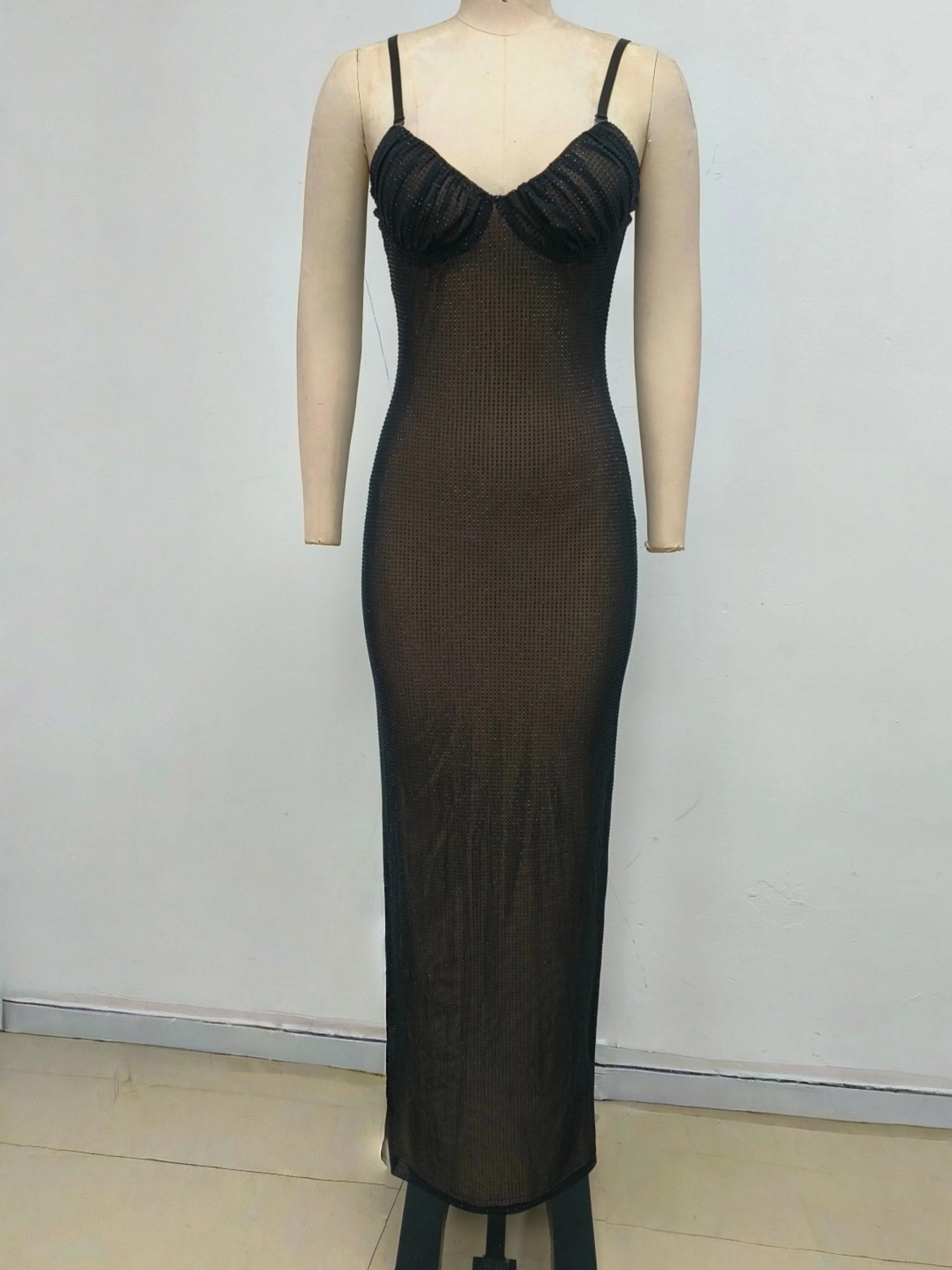 

Женское черное сетчатое платье макси с пайетками на тонких бретелях, облегающее, для вечеринок, дней рождения, клубов, торжественных мероприятий, в стиле роскошных платьев знаменитостей