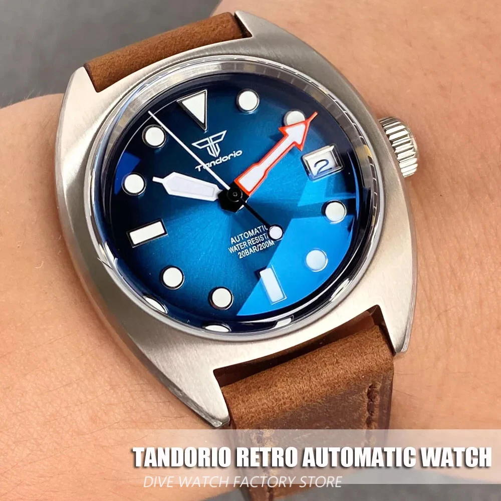 36mm Tandorio Retro Automatic Watch for Men NH35 Movement Swim Sunburst Dial Date AR Coating Sapphire Crystal 20BAR Waterproof