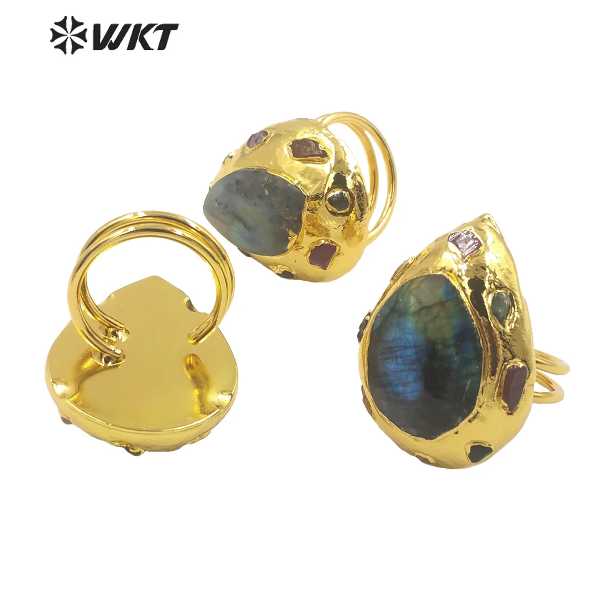 WT-R409 Wholesale new fashion gold electroplated Natural Labradorite stone Ring Women teardrop shape bright stone Party Ring