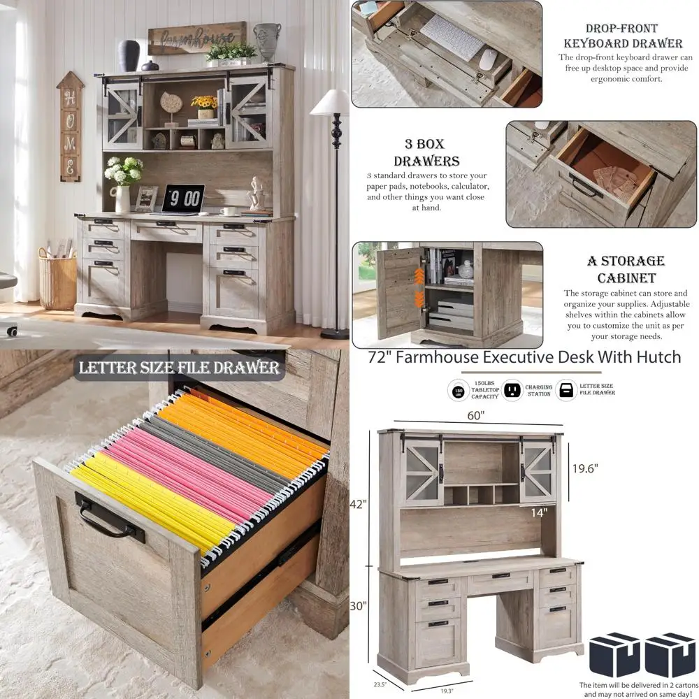 

60-inch Farmhouse Style Desk with Hutch, Wood Office Desk, Drawers, Charging Station, Keyboard Tray, and File Storage