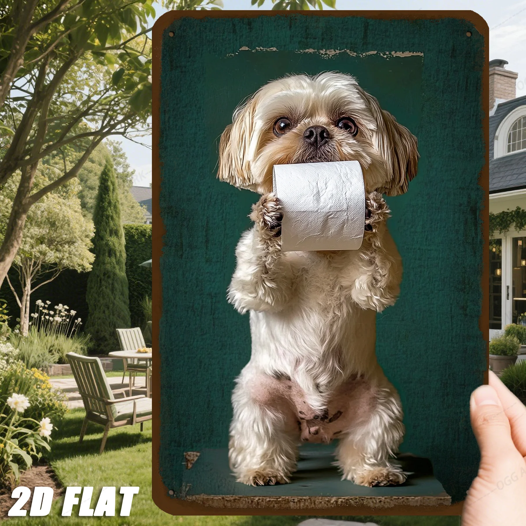Metallschild 8x12 Zoll – Hund mit Toilettenpapierrolle als Wandkunst, lustige Dekoration für drinnen und draußen, Weihnachts- und Thanksgiving-Geschenk