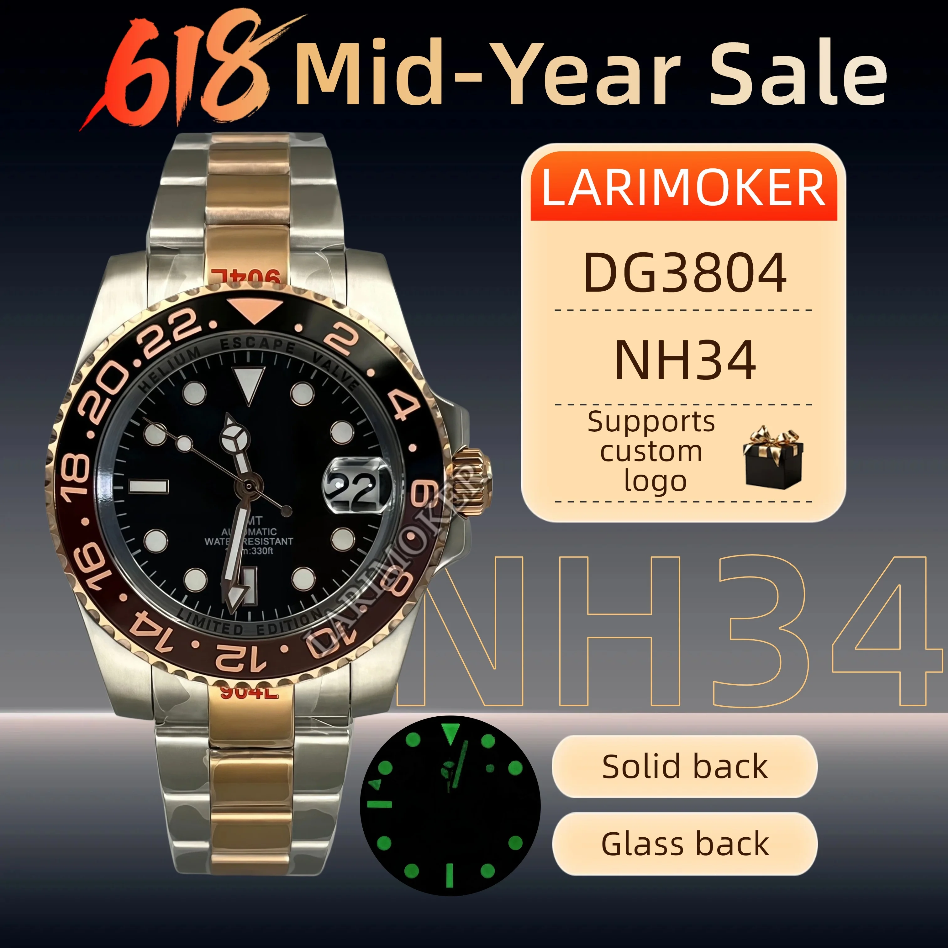 LARIMOKER 43mm Men's GMT Automatic Movement For Luxury Full Rose Gold Stainless Steel Watch Case Sapphire Glass Waterproof Watch