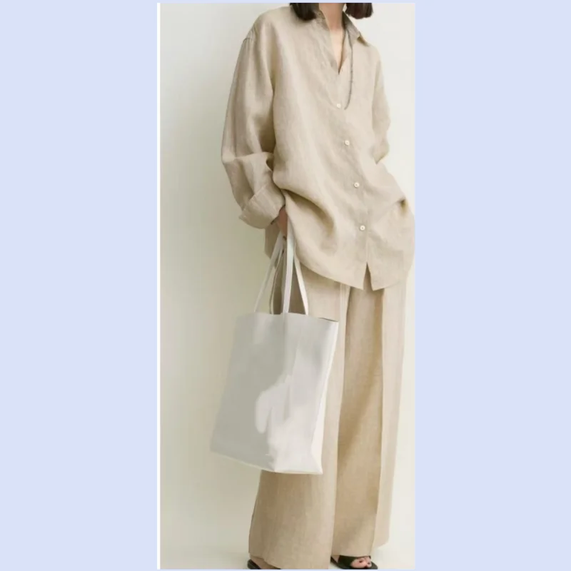 26 year autumn women's new natural color linen textured lightweight and crisp shirt+casual wide leg pants