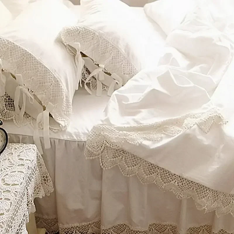 Romantic Bedding Set Elegant European Wide White Satin Duvet Cover Crochet Lace Bedspread Cotton Wedding Bedding Bedskirt