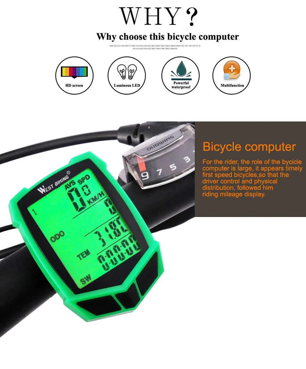 WEST BIKING Multifunction Wireless Bike Computer 20 Functions Speedometer Odometer With Backlight MTB Bicycle Stopwatch Computer