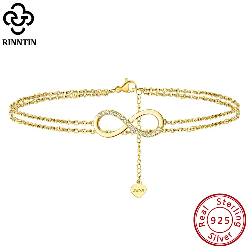 Rinntin Charm Shiny Infinity Anklet Women Gold Silver Color Zircon CZ Vintage S925 Silver Ankle Bracelet Sparkly Jewelry SA16