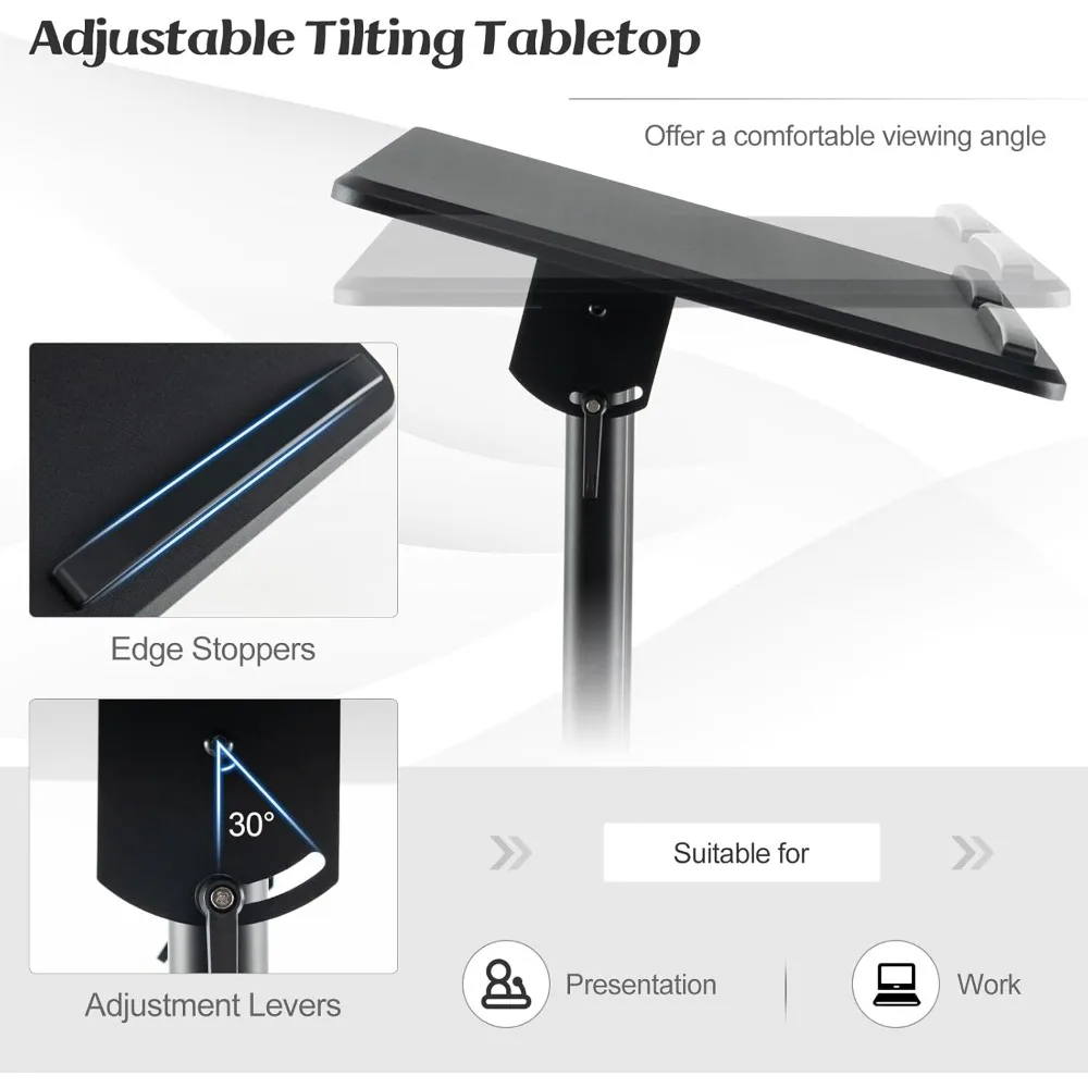 แท่นยืนพูดเคลื่อนที่ปรับความสูงได้ พร้อมที่วางแล็ปท็อปแบบมีล้อเลื่อน ที่วางของด้านบนแบบปรับเอียงได้ ที่วางแก้ว และล้อที่ล็อคได้