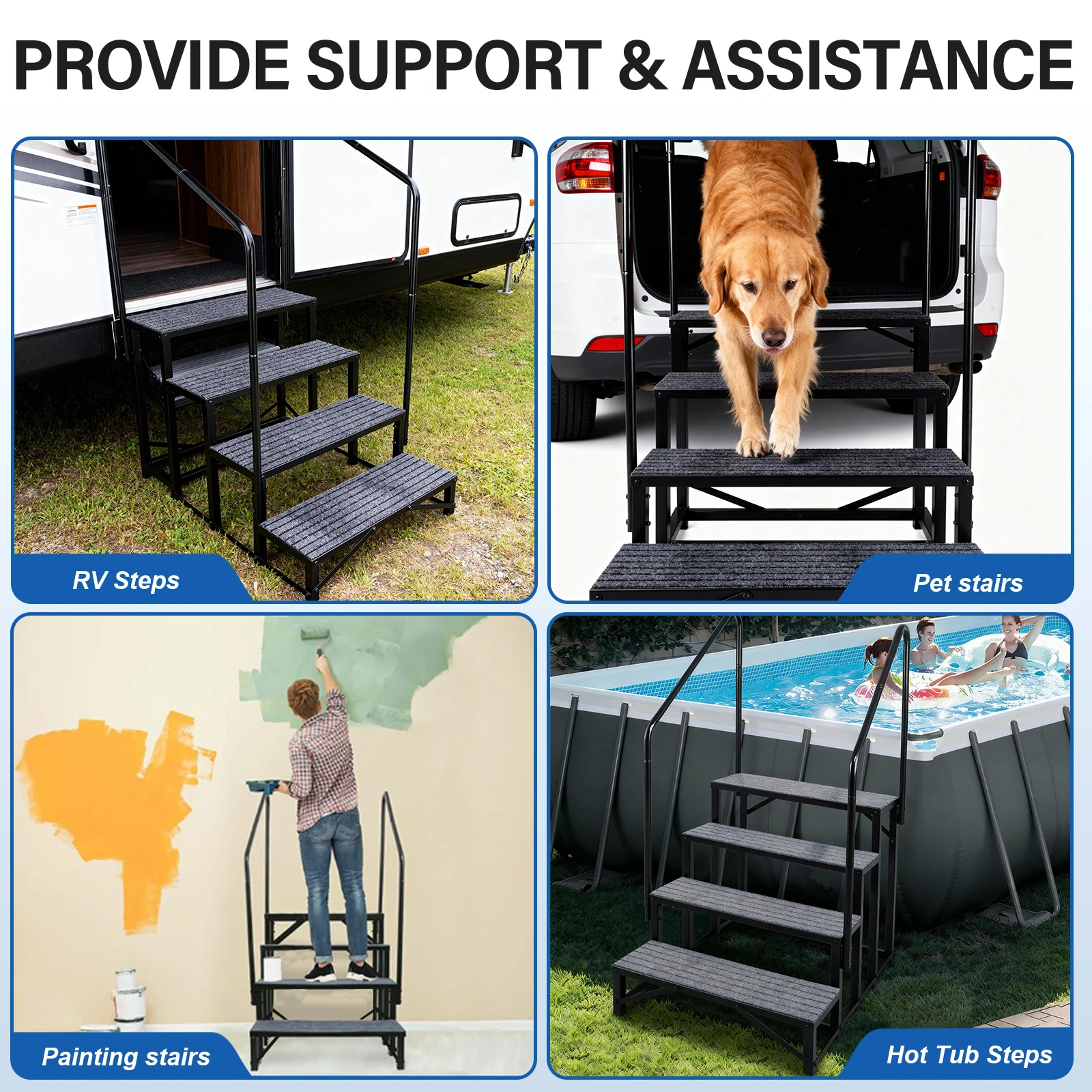 RV Step Stool, 4 Step Ladder, Hot Tub Steps with Handrail, Portable Pool Ladder, 440Lbs Heavy Duty Ladder Shelf Outdoor Mobile H