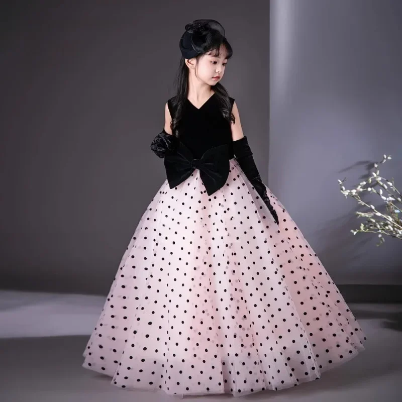 Kids Girls Black Velvet Princess Dress for Piano Model Show Party Formal Wear Violin Performance Pageant Evening Gown Children