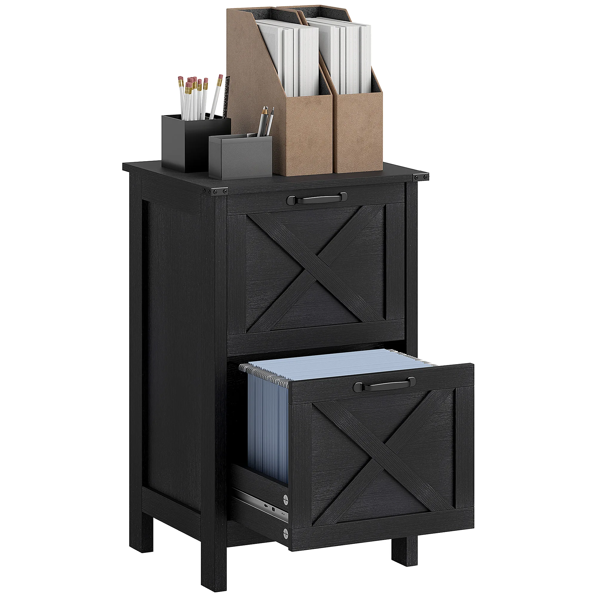 Homcom 2 Drawer Vertical File Cabinet with Silent Slides, Rustic Farmhouse Filing Cabinet with Barn Doors for A4/Letter Size, Printer Stand with Storage for Home Office, Distressed Black
