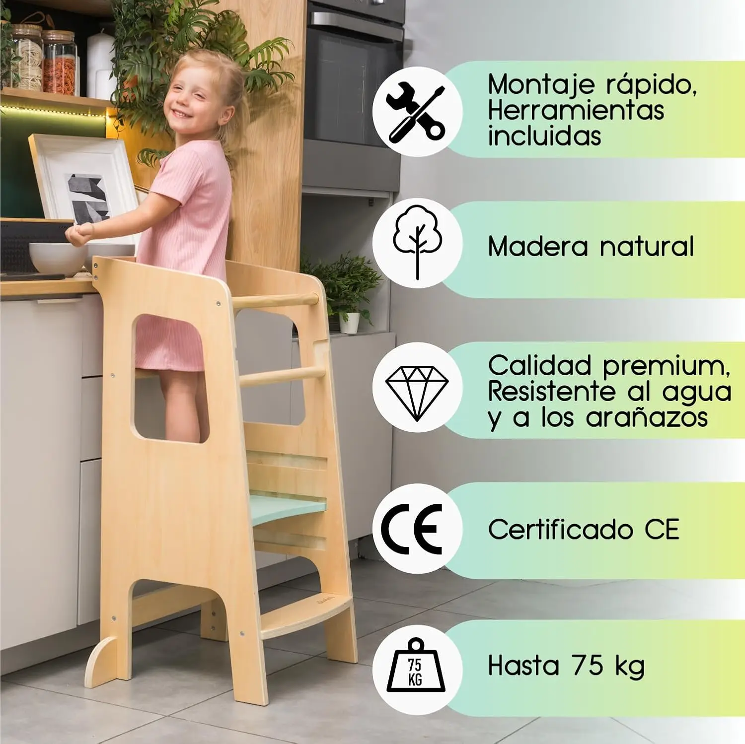 Torre de observación y Aprendizaje de Madera Natural – 3 Niveles escalables para niños – Pies Antideslizantes y Antideslizantes