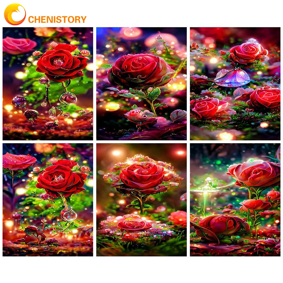 

CHENISTORY Oil Picture By Numbers Rose Paintings On Canvas Handmade Flowers DIY Craft Kits For Adults Pictures For Home Wall Dec