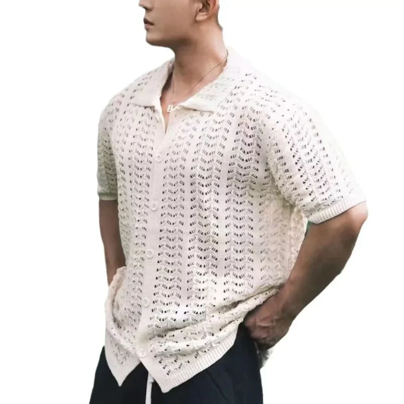 Men's Shirt Summer New Fashion Solid Color Short Sleeve Loose Casual Mesh Cutout Shirt for Men