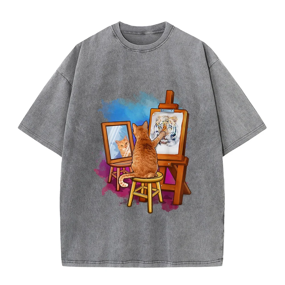 Cat Painting Lion Artistic Animals Lover Graphic Novelty T-Shirt Camiseta Hombre Одежда Korean Reviews Many Men's Clothes Short