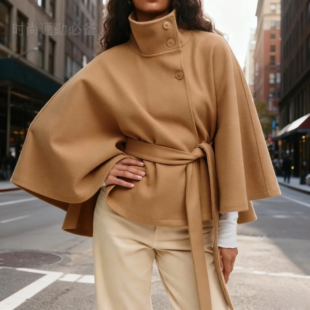 

Fashion Cape Coat | Stand Collar Buttoned Belted Trench for Fall Winter