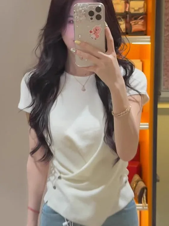 

Slim Fit Knitted ort Sve T-irt Women's Button up Casual Faion Korean Sle Regular Length round Ne Thin Summer Top