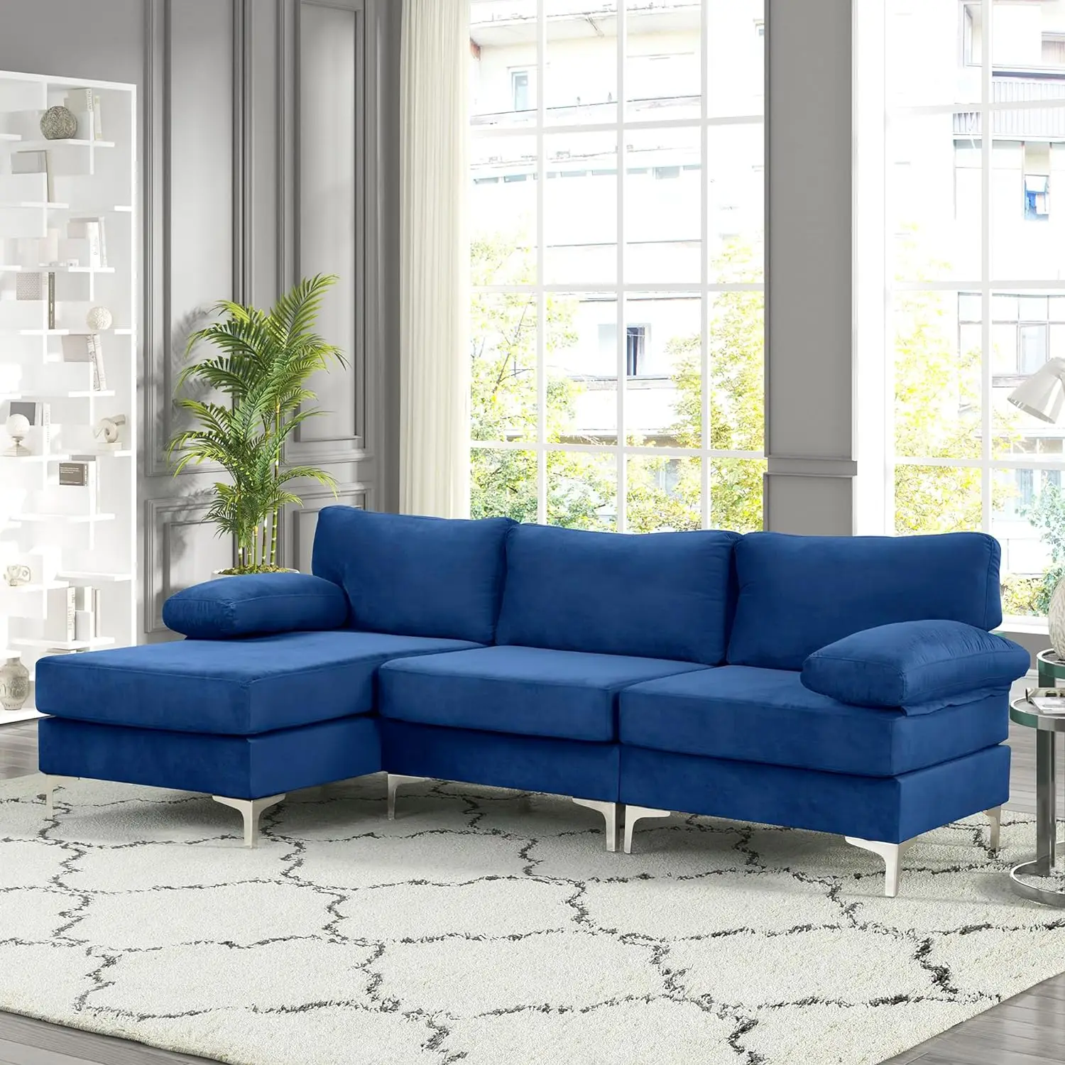 Modern Velvet Fabric Sectional Sofa, L-Shape Couch with Extra Wide Chaise Lounge