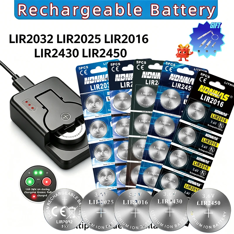 3.6V LIR2032 LIR2025 LIR2016 LIR2430 LIR2450 Rechargeable Lithium Button Battery CR2032 CR2025 CR2016 CR2430 CR2450 For Watches
