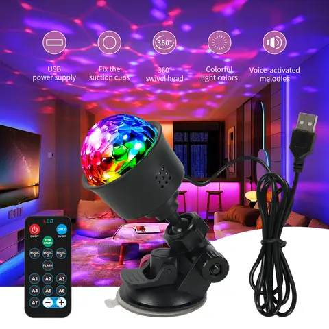 RGB Sound Activated LED Disco Ball Light with Remote Control Rotating DJ Stage Lamp for Home Car Party Club Christmas Decoration