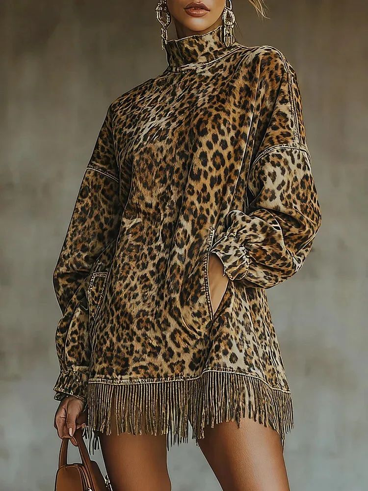 Fashion Retro Suede Tassel Mini Dress High Neck Long Sleeve Pockets Fringe Hem Dress Army Green Brown Autumn Party Dress