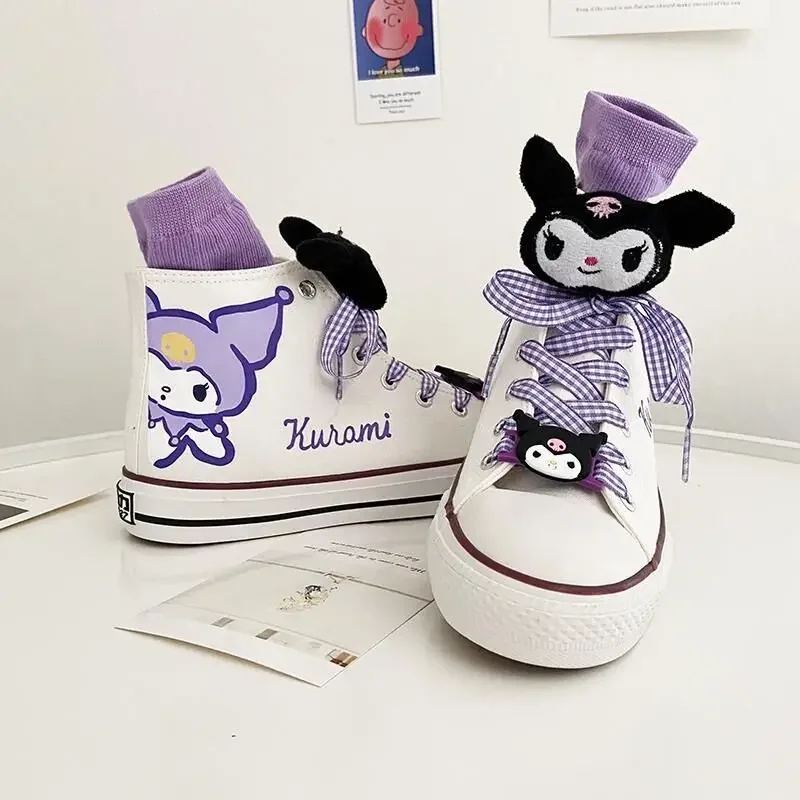 Spring Autumn Women Shoes Flats Korean Style Versatile Canvas Shoes Student Japanese Cute Cartoon Kuromi Print Casual Sneakers