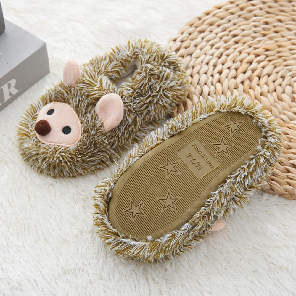 Toddler Boys Slippers Cartoon Hedgehogs Plush Warm Shoe Kids Winter House Shoes Soft Rubber Sole Home Indoor Footwear Baby Items