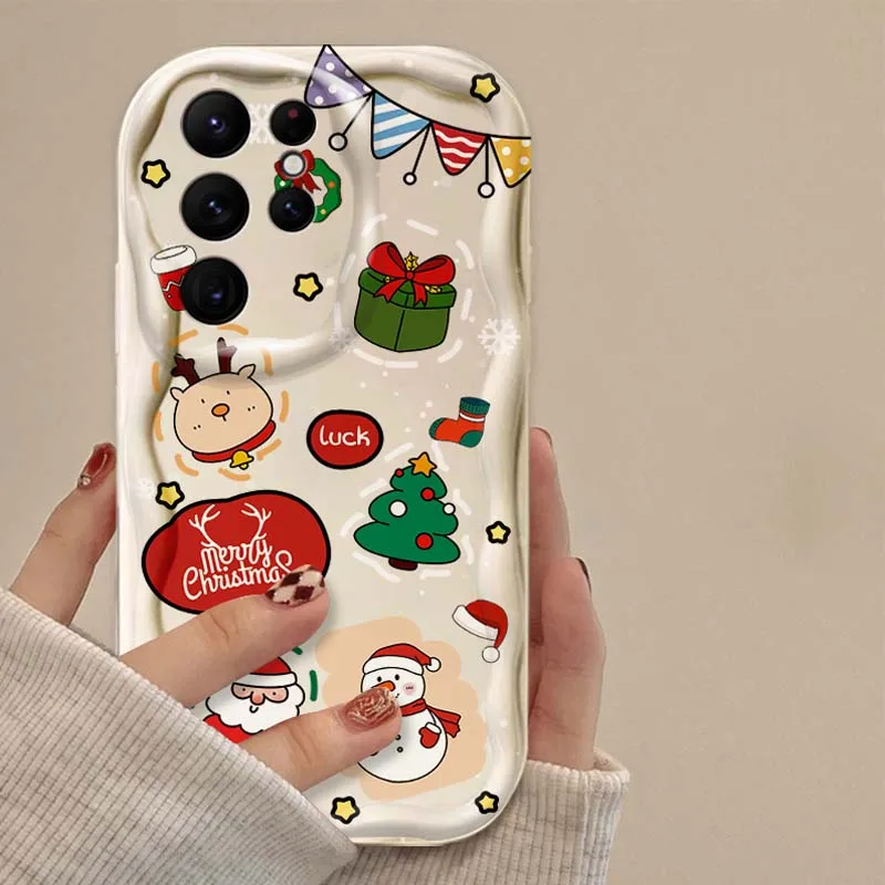 Cute Father Christmas Tree 3D Wave Case For Samsung Galaxy S24 Ultra S23 S22 Plus S21 S20 FE A25 A55 A35 A15 A16 A05 A05S A06