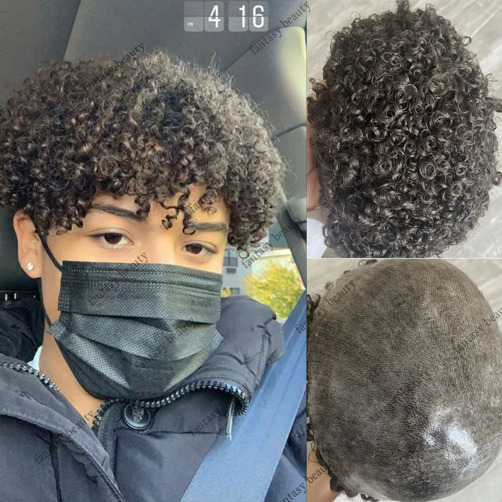 Brown Curly 15mm Human Hair Durable Thin Skin Base Toupee for Men Soft Full PU Skin Hair System Prosthesis African American Wigs